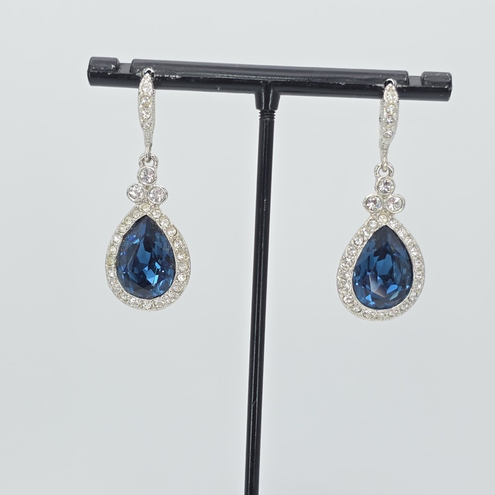 New! GIVENCHY Earrings SWAROVSKI Crystals Blue & Clear‎ Silver Plate Dangle Drop